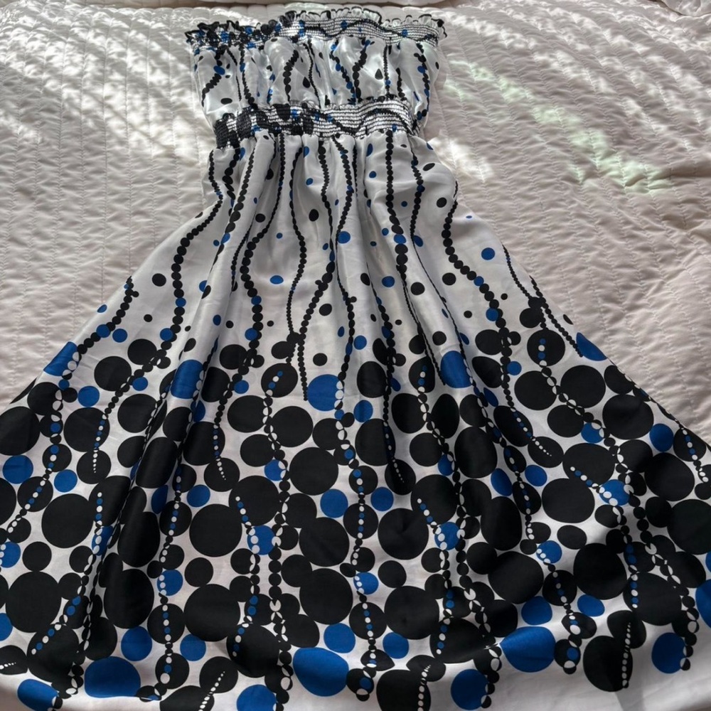 Tempted Strapless Dress in Black, Blue, and White